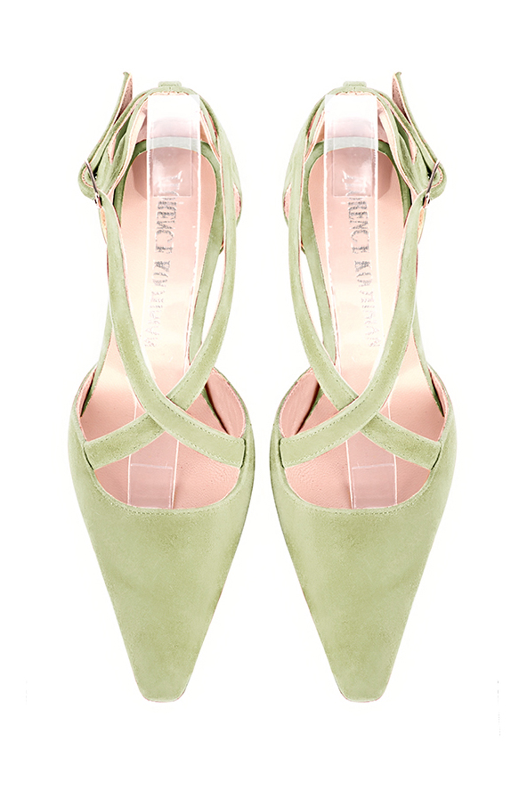 Women's meadow green elegant closed-back heels, with crossed straps. Tapered toe. High slim heel - Top view